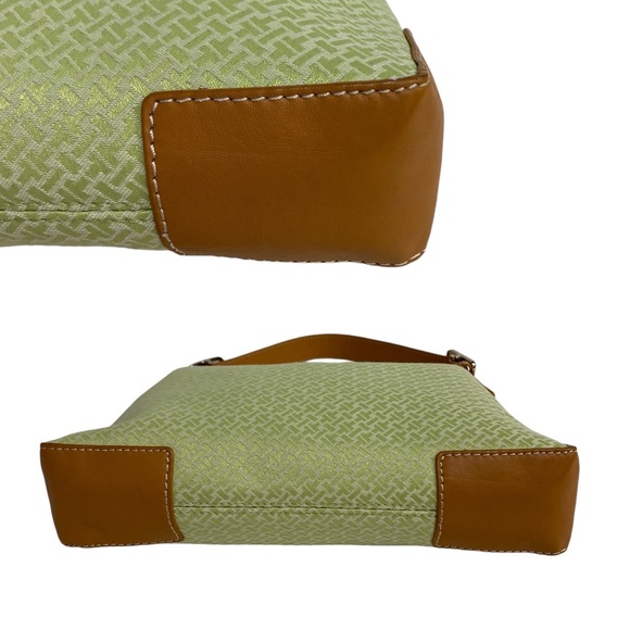 TALBOTS Shoulder Bag Small Top Zipper Single Strap Green Jacquard Tan Leather - Picture 5 of 16
